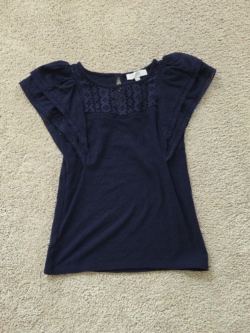 LOFT Navy Eyelet Flutter-Sleeve Top